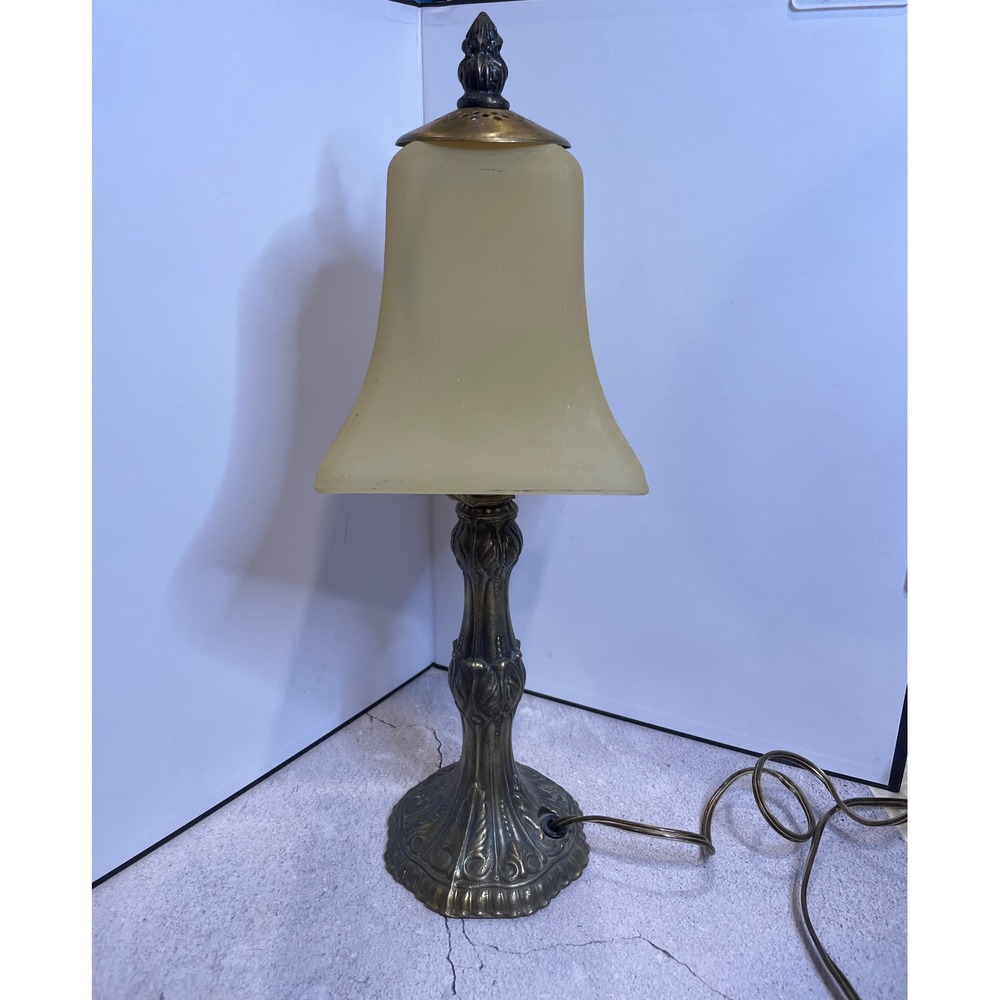 Vintage Desk Lamp Art Nouveau Brass Base Frosted Amber Glass Bell Shade - Picture 2 of 16